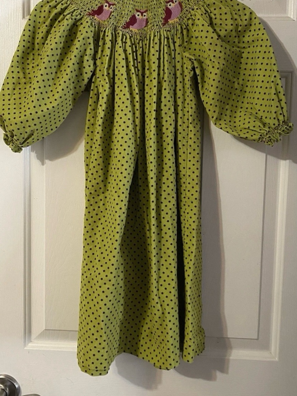 Girls' Lime Green Polka Dot Smocked Dress with Owl Embroidery